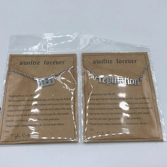 NWT Taylor Swift 2pack Reputation & RED Silver Tone Necklace Swifties in Giftbag - Picture 3 of 9